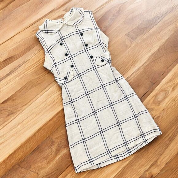 Vintage 1960s White Plaid Dot Shift Pencil Dress Small Pinup Mod Classic - Picture 1 of 9